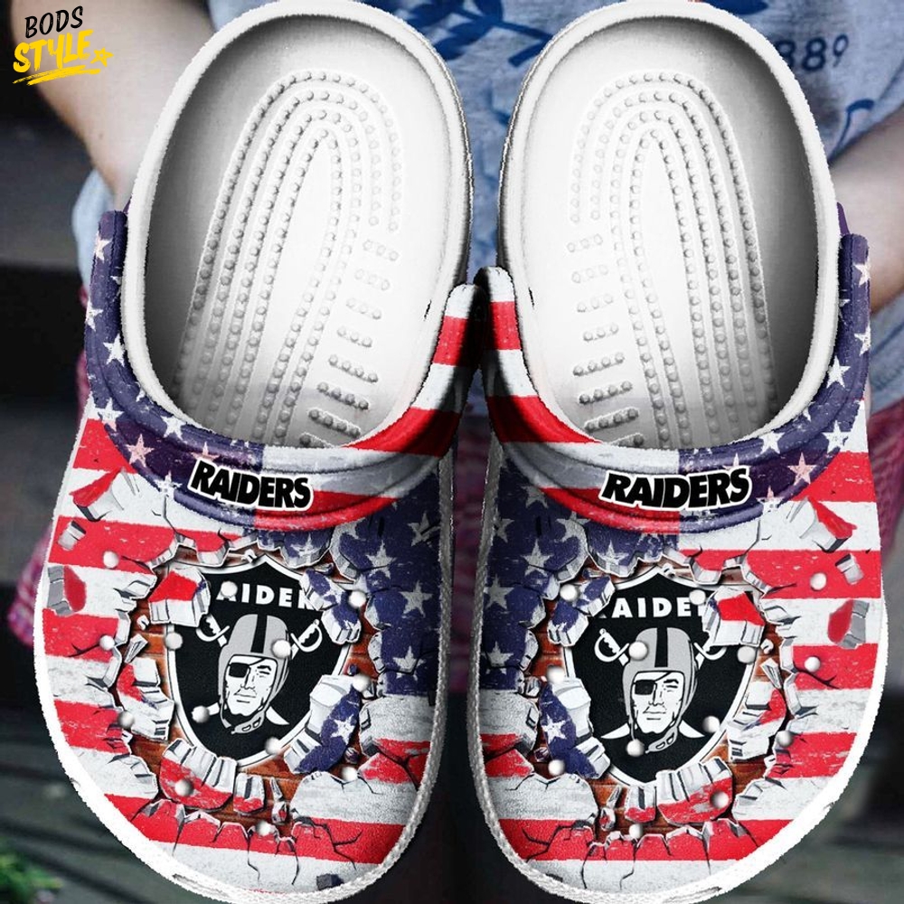Nfl Las Vegas Raiders Usa Flag Breaking Wall Crocs Clogs Shoes Nfl Las Vegas Raiders Usa Flag Breaking Wall Crocs Clogs Shoes